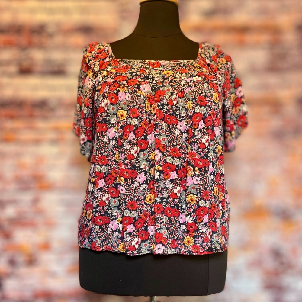 Knox Rose Square Neck Blouse — Black with Allover Red and Pink Floral Pattern